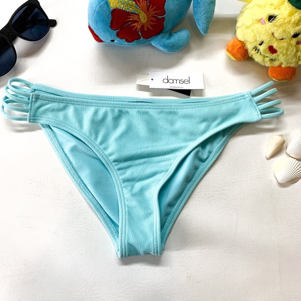 DAMSEL Bikini Bottom Moderate Coverage Powder Blue Crepe Turquoise Teal, Cut Out